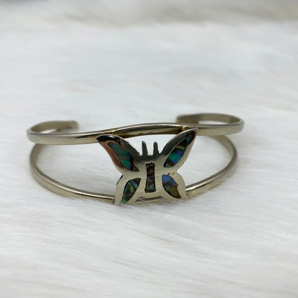 Vintage Jewelry - Vintage Mexico Alpaca Abalone Butterfly Bracelet